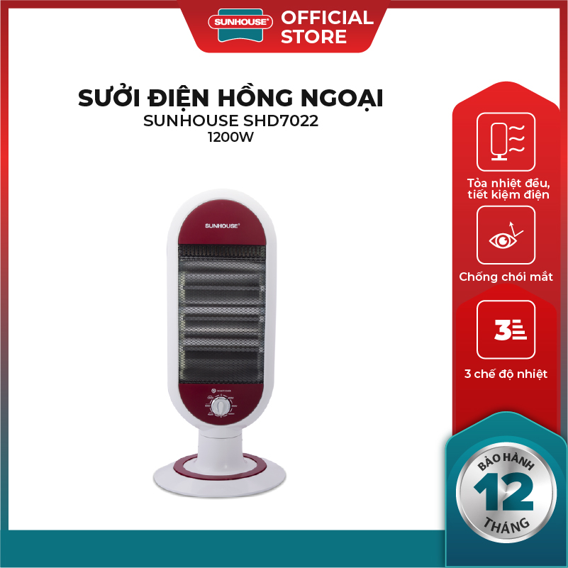 Sưởi điện hồng ngoại Sunhouse SHD7022 - Làm ấm nhanh, toả nhiệt đều - Chống chói mắt, không khô da - Tự ngắt điện khi đổ - Hàng chính hãng - Bảo hành 12 tháng