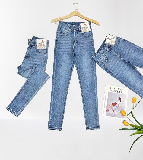 Quần jean dài nữ hàng co giãn mạnh lưng cao 2 nút màu xanh wash đùi ảnh thật