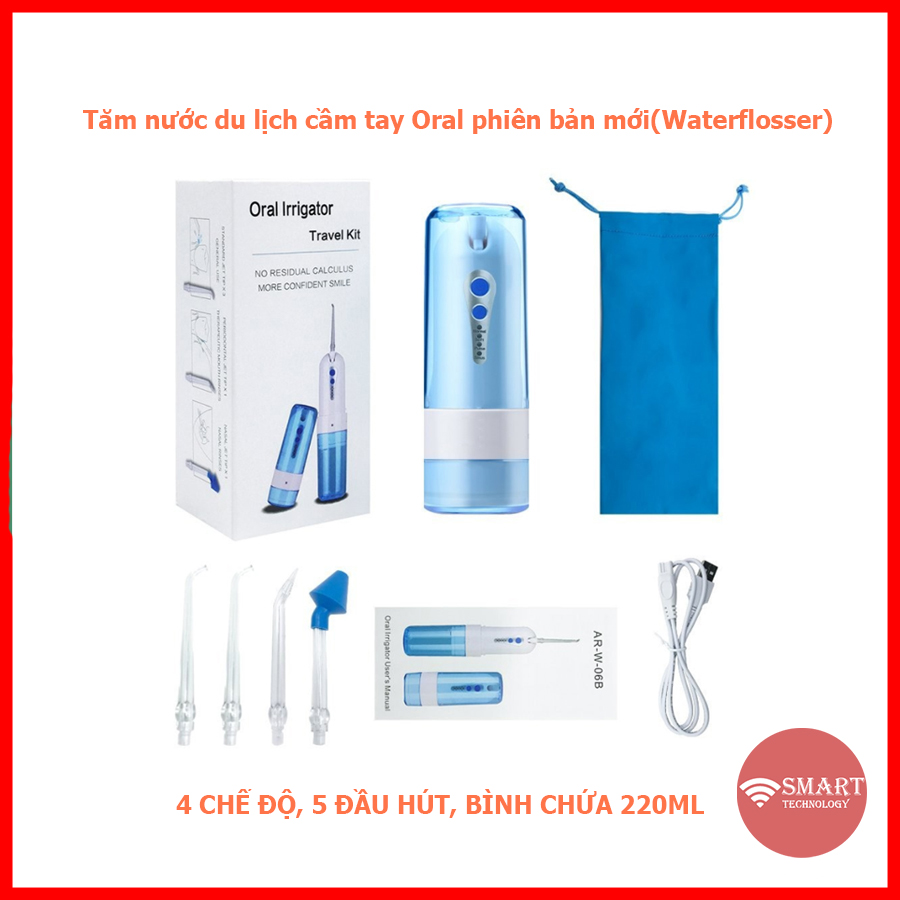 Máy tăm nước Oral Irrigator (waterflosser) Phiên bản mới 4 chế độ, dung lượng pin 2000mAh tặng kèm 4 vòi xịt và túi đựng ( có bảo hành )