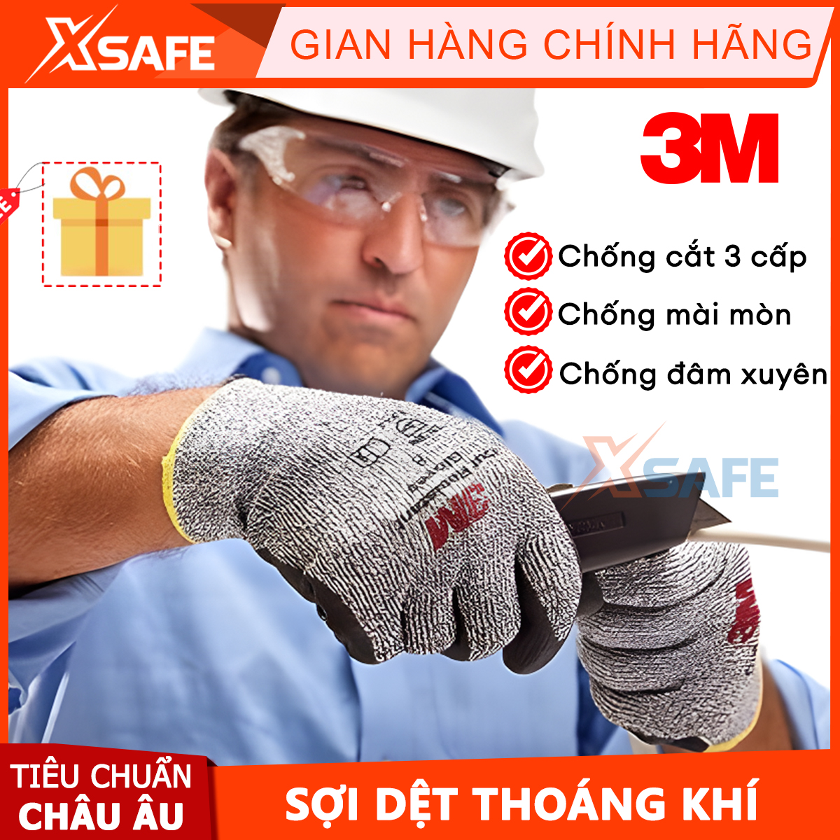 Găng tay bảo hộ 3M cấp độ 15 phủ PU Bao tay lao động chống mài mòn xé rách theo tiêu chuẩn EN3884543 găng tay chống cắt