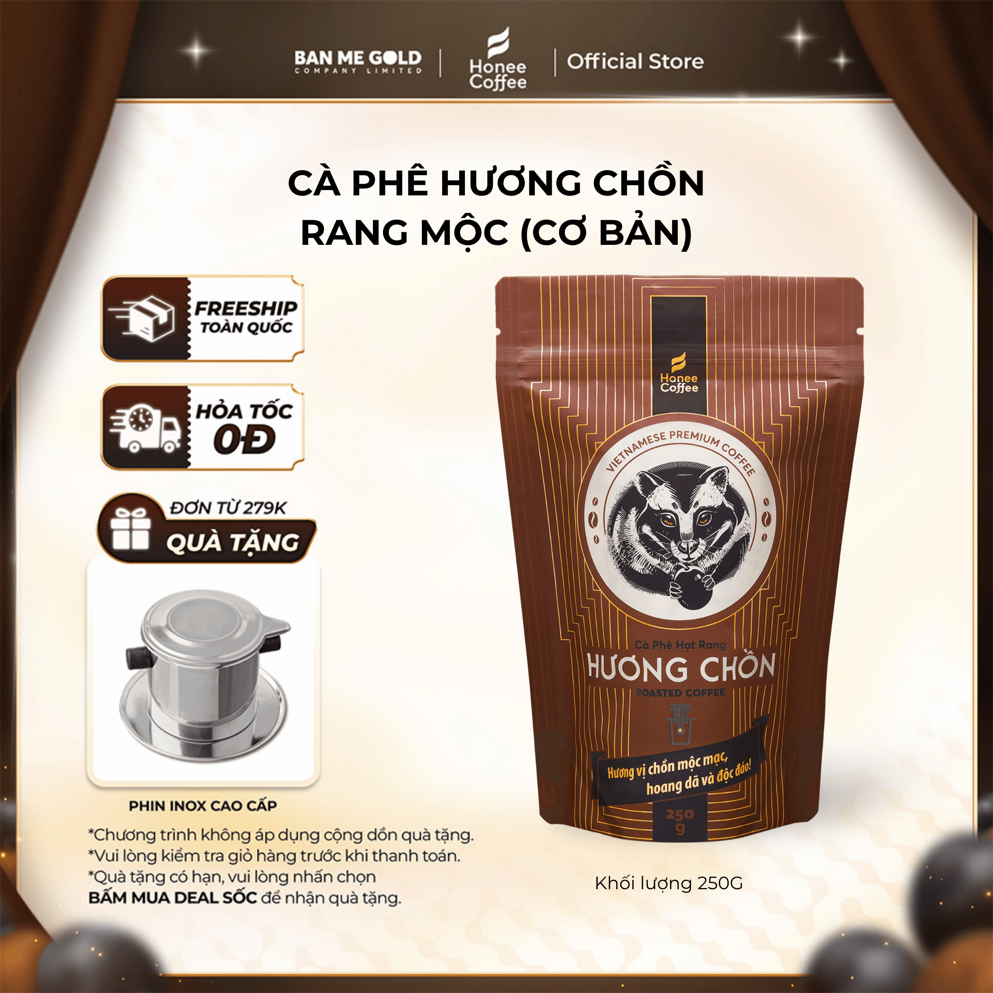 TẶNG TÚI CANVAS Cà Phê Hương Chồn Nâu Hạt Rang Mộc 250g Cafe Chồn Nguyên Chất Chính Hãng Ban Me Gold - Honee Coffee