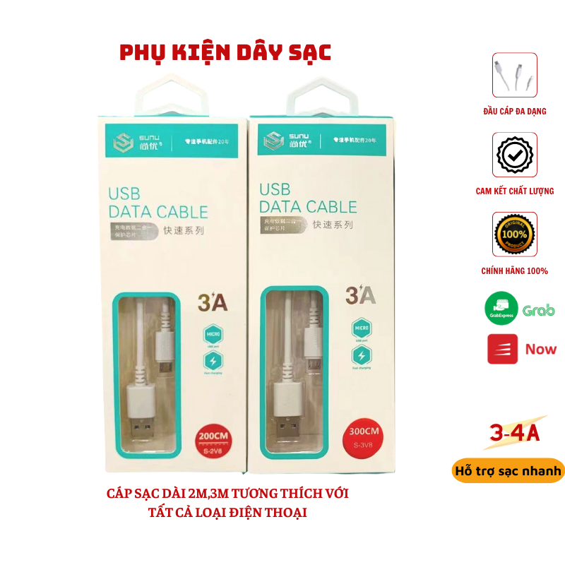 Dây cáp sạc truyền dữ liệu cổng micro usb cho samsung xiaomi huawei android 2/3m