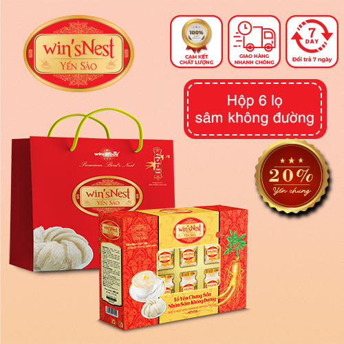 Yến sào win'sNest (20%)Tổ yến chưng sẵn nhân sâm không đường hộp 6 lọ (Tặng kèm túi xách)