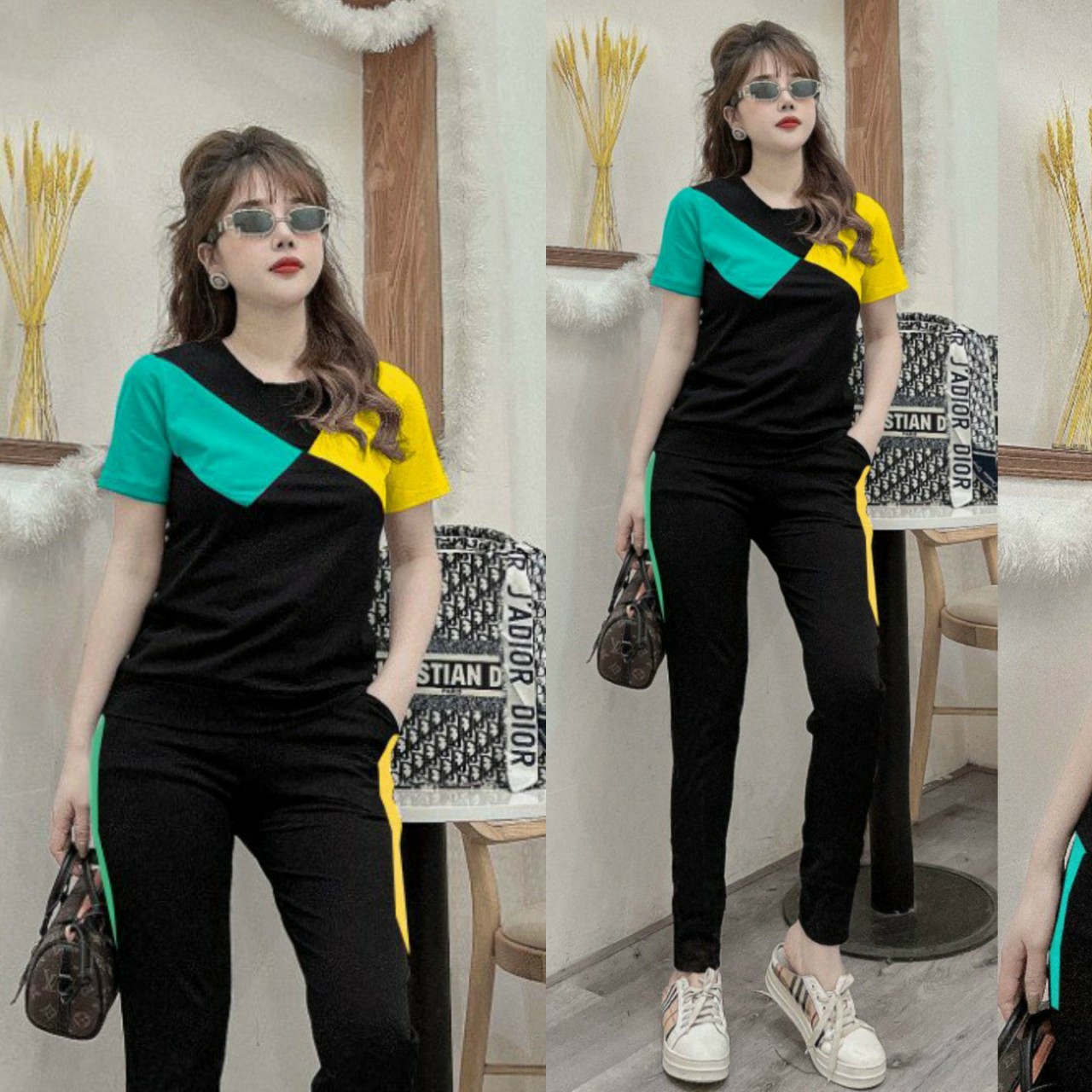 Đồ bộ thun cotton nữ thể thao phối màu thời trang