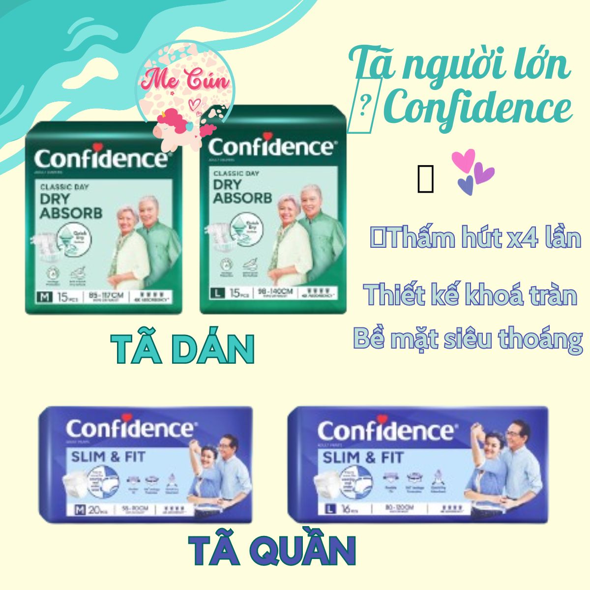 Tã dán/quần người lớn confidence classic day dán m15/l15 quần m20/l16 - siêu thoáng khí, siêu thấm hút, thoải mái