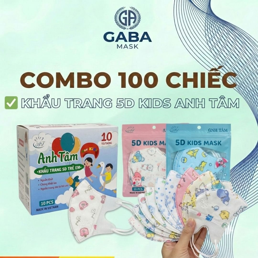 Hộp 100 Chiếc Khẩu Trang 5D Trẻ Em Anh Tâm 3 Lớp Kháng Khuẩn Cao Cấp (3-10 tuổi)