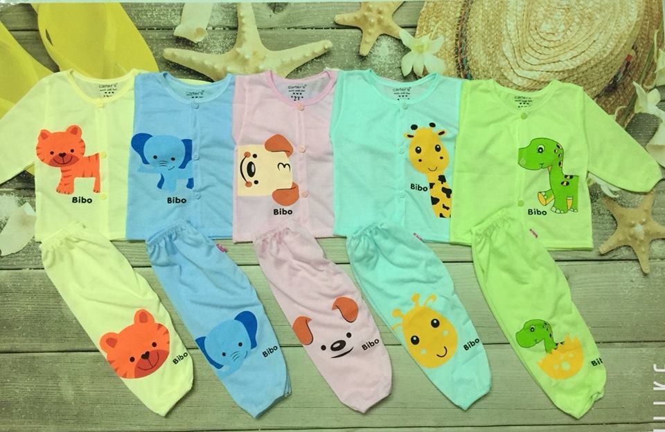 Combo 5 bộ quần dài áo dài khuy giữa bibo màu cho bé 3-14kg