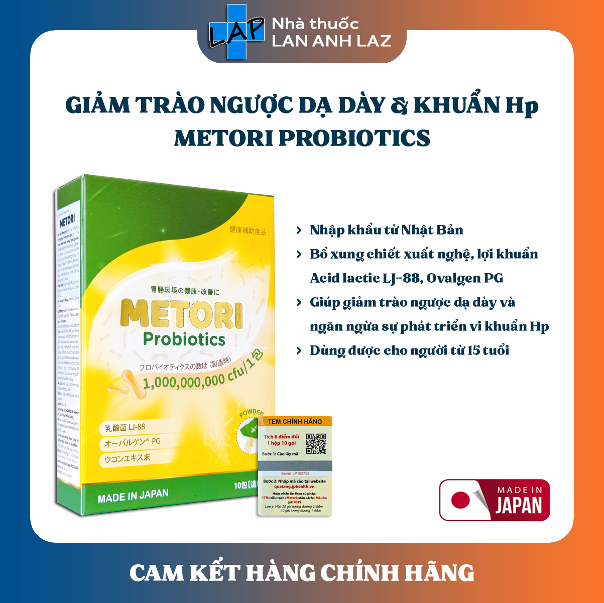 METORI PROBIOTICS (Hàng nhập khẩu) - Giúp giảm trào ngược dạ dày, giảm sự phát triển vi khuẩn Hp.