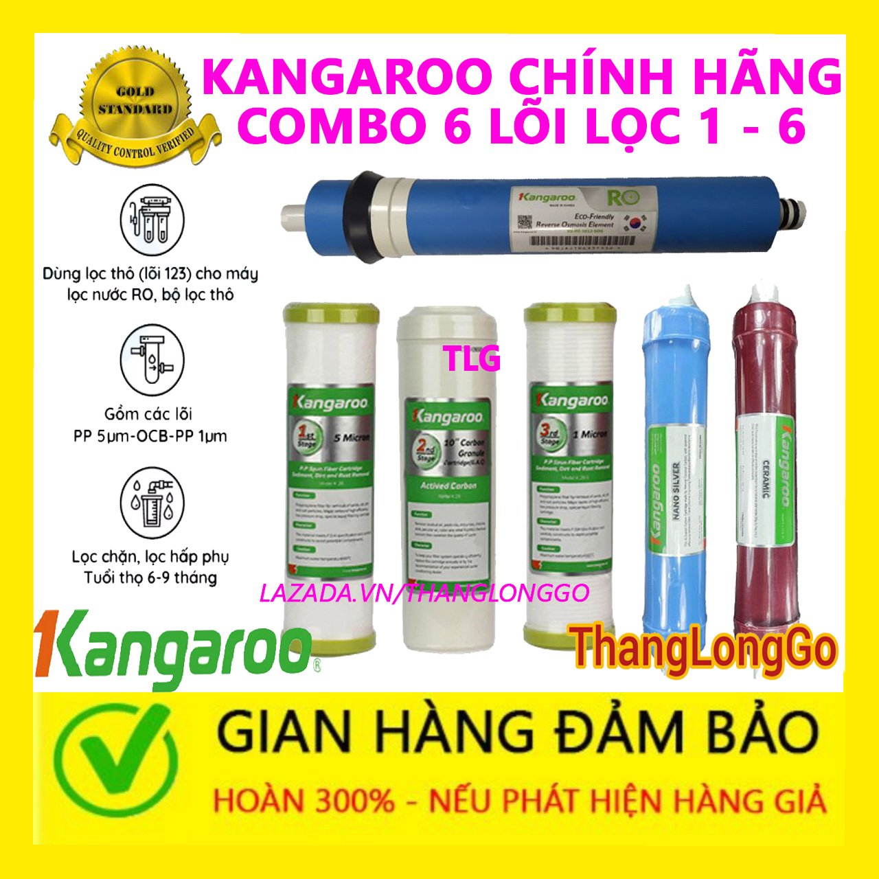 Combo 6 lõi lọc nước KANGAROO CHÍNH HÃNG  Gồm 01 bộ (1-2-3) 01 lõi 4 RO 01 lõi số 5 01 lõi số 6