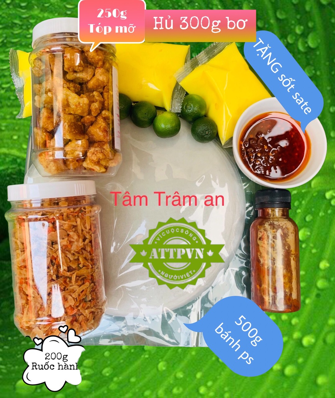 Bánh tráng tóp mỡ combo đại, 500g bánh tráng ps, 200g muối ruốc hành, 300g bơ hủ, 250 tóp mỡ, tặng sốt sate 150g