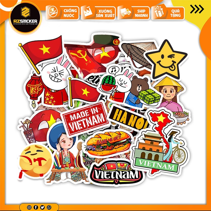 ✈◆ [set 50 Hình] Sticker ệt Nam Dán Nón Bảo êm Điện Thoại ptop Bình Nước...Chống Nước 57-50