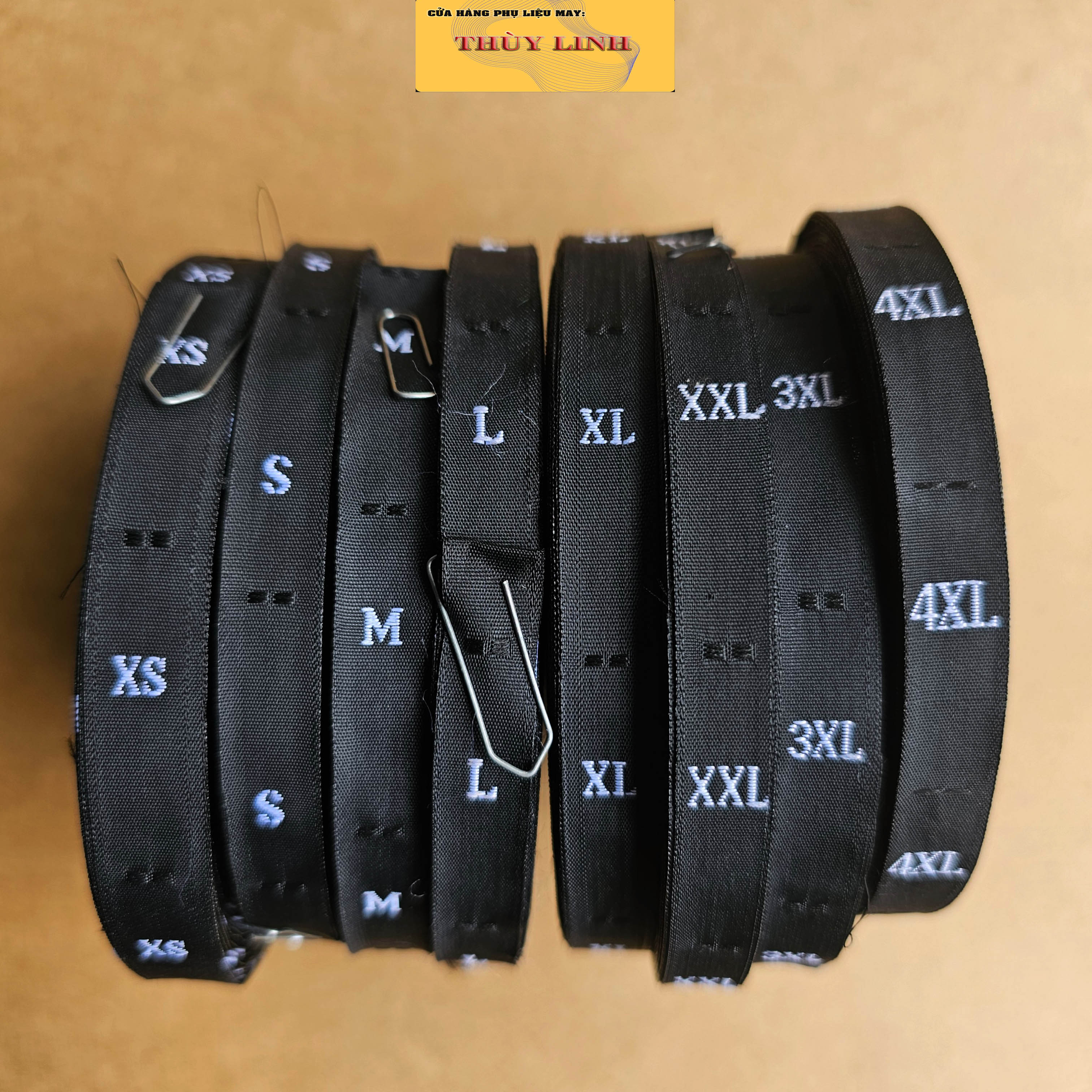 Nhãn dệt size chữ, màu đen, nhãn mác quần áo từ xs - 4xl
