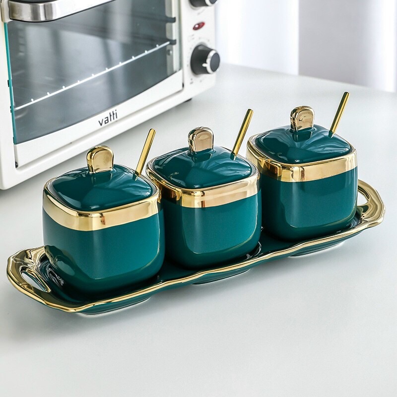 Bộ 3 hũ gia vị vuông sứ xanh cao cấp