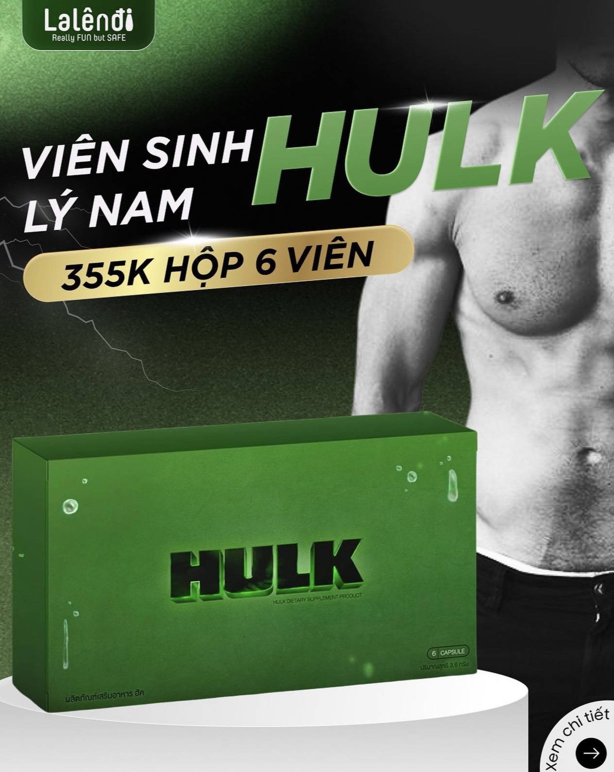 Thảo mộc HULK xanh tăng cường sinh lí nam giới, cải thiện xuất tinh sớm, chính hãng Thái Lan, hộp 6 viên Lalendi Store