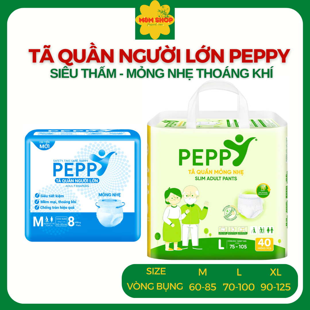 [0 Vnd Gift] Combo of 15 Packs of Peppy Adult Diapers, Size M8/L7/Xl7 Pieces/Pack