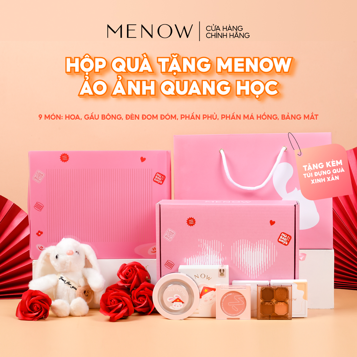 Hộp quà tặng bạn gái kèm túi quà, gấu bông, hoa sáp và đèn Menow Bunny Box