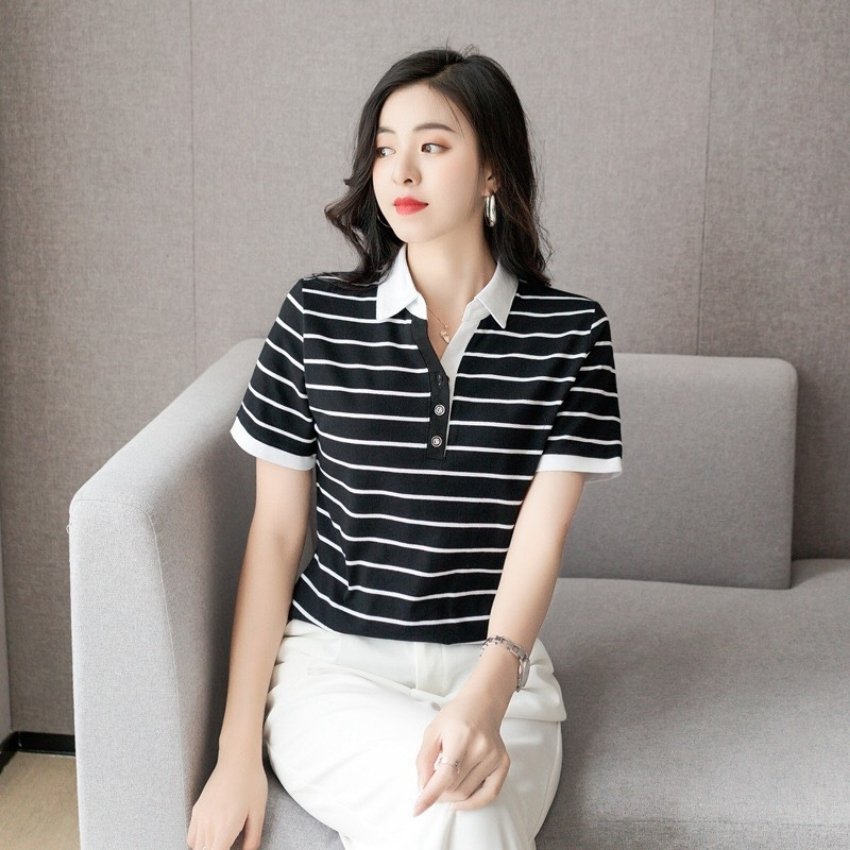 Áo thun nữ ngắn tay polo phối sọc Mã GS321 Thời trang FIVE STAR COMPANY Phong cách Hàn Quốc Thiết kế nữ tính trẻ trung Chất vải mềm đẹp thoải mái