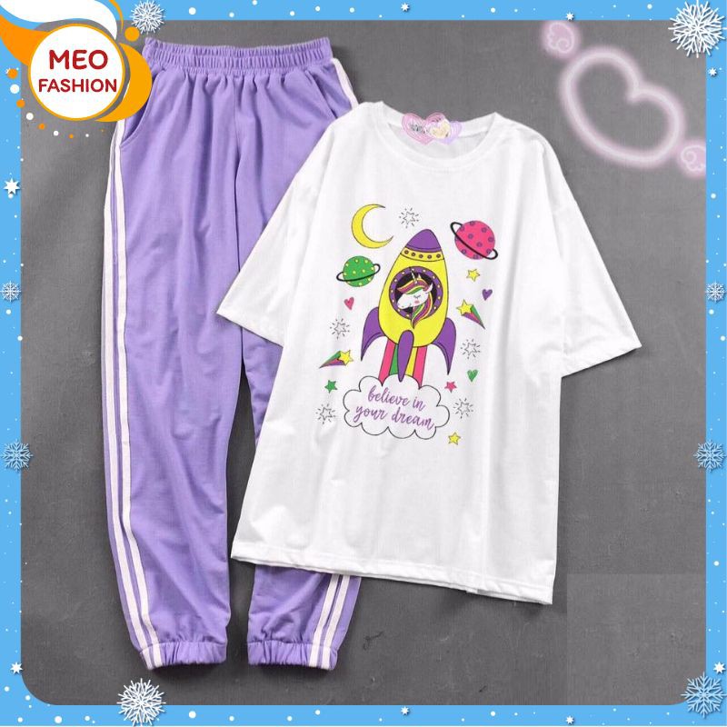 [HAN HAN SHOP 303] Sét Bộ Đồ Nữ Xinh Cute, Áo Thun Phông Trắng Cotton Organic Ngắn Tay Cổ Tròn In Bé Mũ i Tên+Quần Thun Sọc Bo Gấu