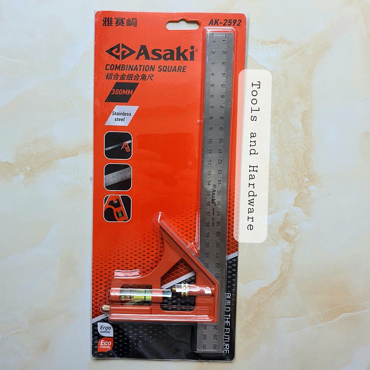 Thước eke thủy hãng Asaki Japan AK-2592 chiều dài 300mm, chuyên dụng đo góc vuông, kết hợp livo đo cân bằng