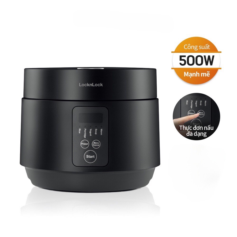 Nồi cơm điện lock&lock compact rice cooker ejr346blk, với 5 chế độ nấu, chế độ hẹn giờ thông minh lên đến 24 giờ, lòng nồi chống dính tốt, dễ vệ sinh, dung tích 1.2l phù hợp với nhu cầu sử dụng gia đình