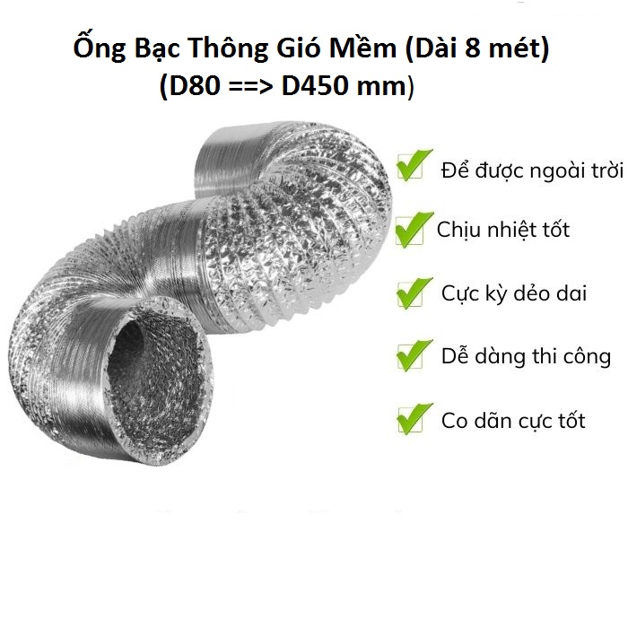 Ống bạc thông gió mềm d100, 125, 150, 200, 250