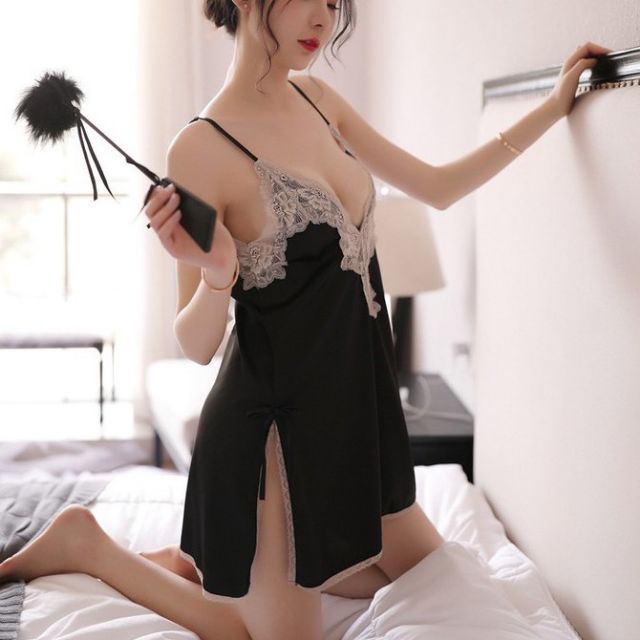 Váy ngủ lụa xẻ tà phối ren cao cấp ifunsy – freeship – đầm ngủ sexy nữ