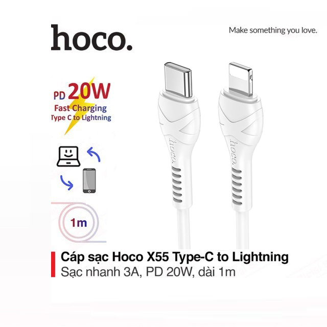 Cáp sạc nhannh PD 20W Hoco X55 chân Type-C sang Lightning dây dẻo đầu sạc chống đứt cho iPhone/iPad dài 1M