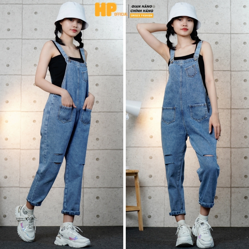 - Quần yếm nữ ❤️ yếm jean dài rách dáng suông phối túi cá tính phong cách Ulzzang