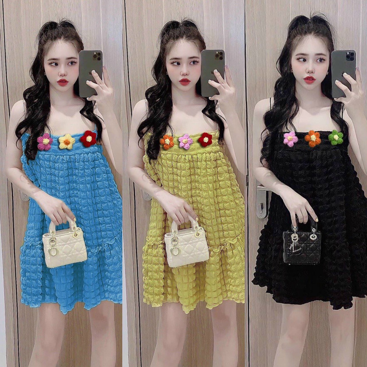 Đầm váy nữ xốp hai dây cài hoa dáng xoè tiểu thư