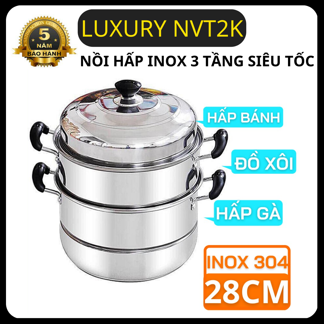 Nồi hấp inox 3 tầng siêu tốc kích thước lớn chống dính tốt - xửng hấp thức ăn 3 tầng inox 304 cao cấp hấp xôi hấp bánh tiện lợi dùng được trên mọi loại bếp , bảo hành 12 tháng