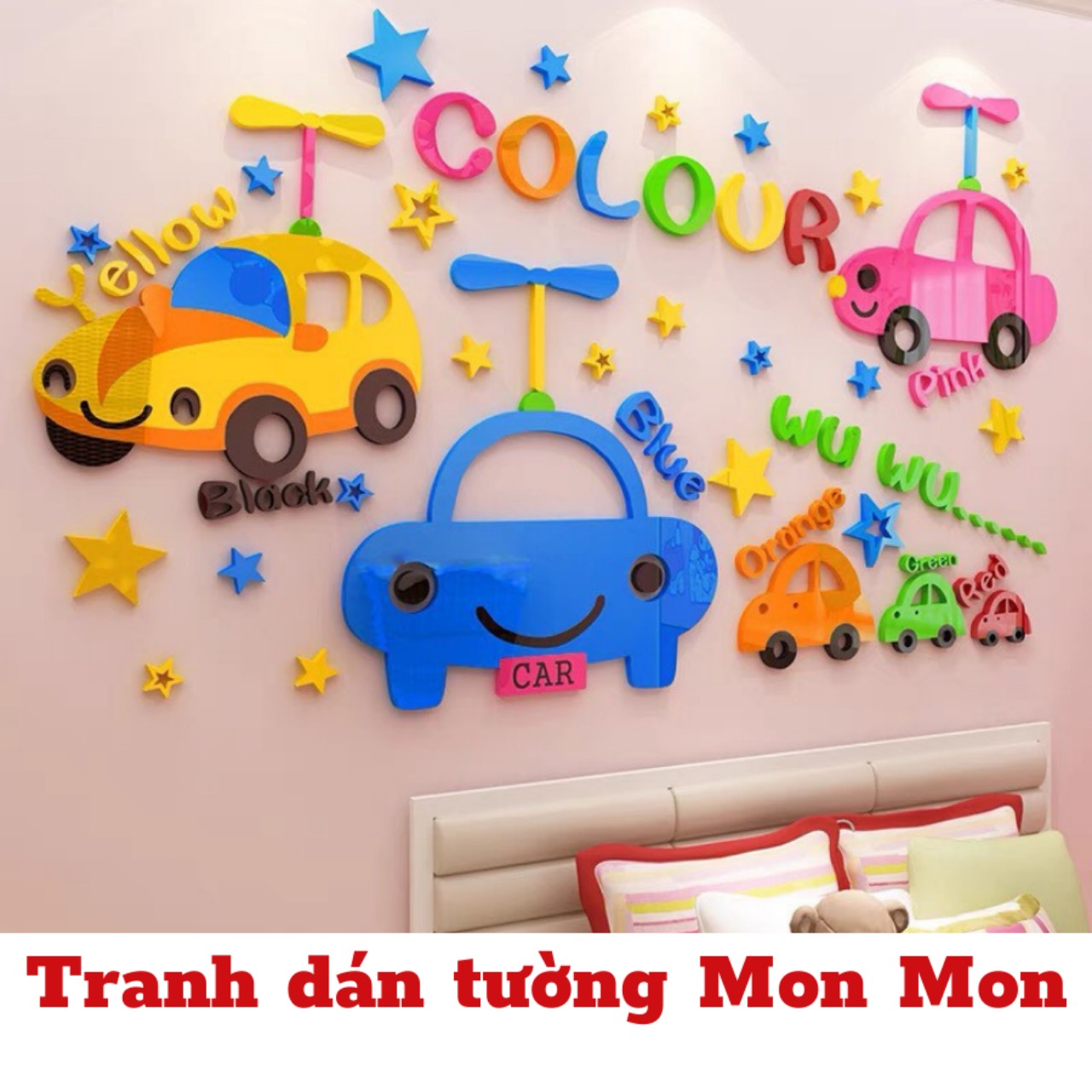 Tranh dán tường Mon Mon - decal mica hình ô tô sắc màu cho bé, các phương tiện giao thông cho bé trai
