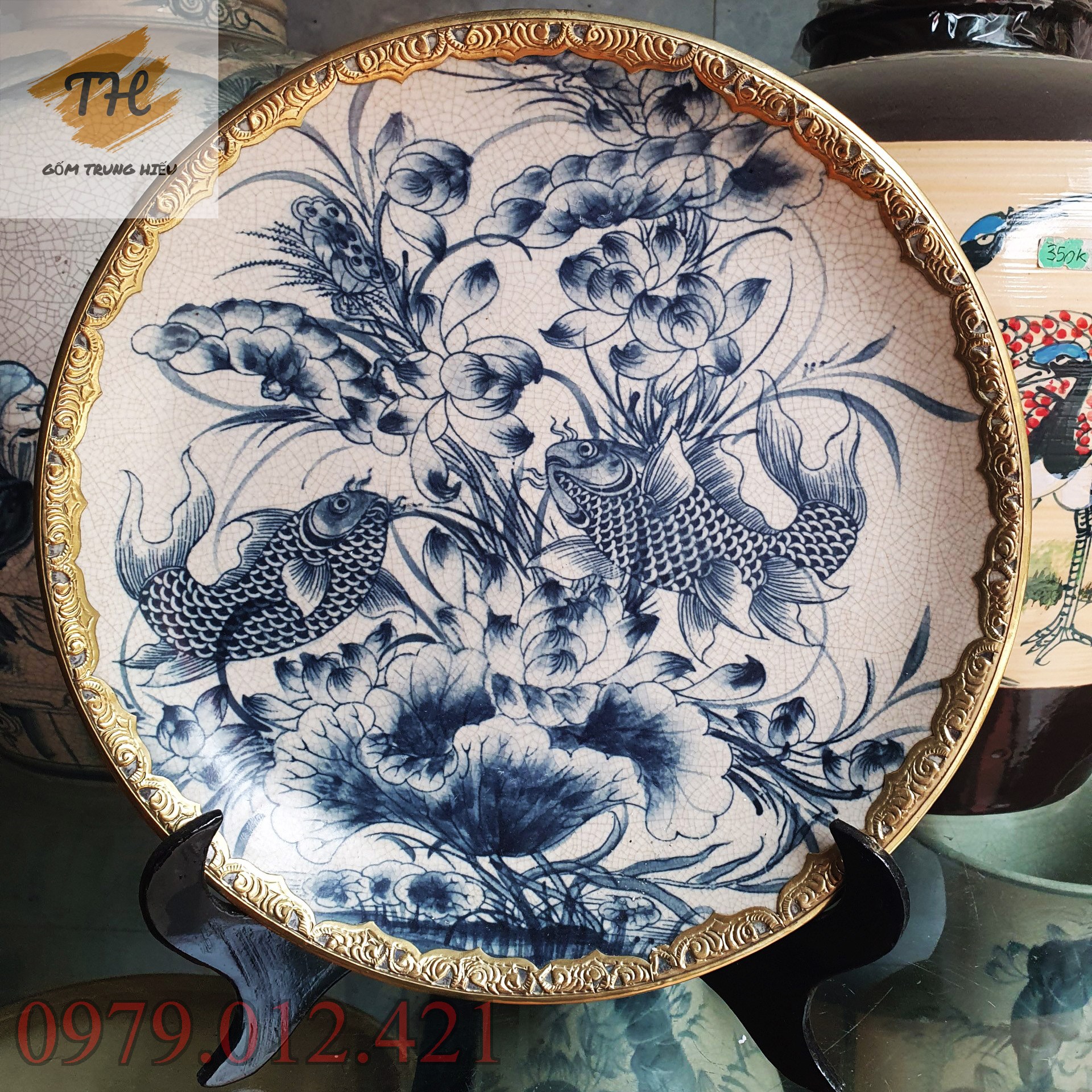 [Sale sốc] Đĩa cảnh men rạn giả cổ Bát Tràng Bọc đồng - Tích Cá Chép Sen