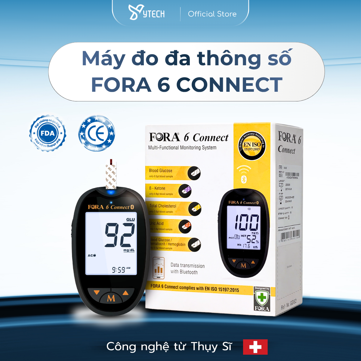 [YTECH] Máy Đo Đa Thông Số FORA 6 Connect - Kiểm Tra 6 Chỉ Số: Đường Huyết, Gout, Mỡ Máu, Ketone (Công Nghệ Thụy Sĩ)