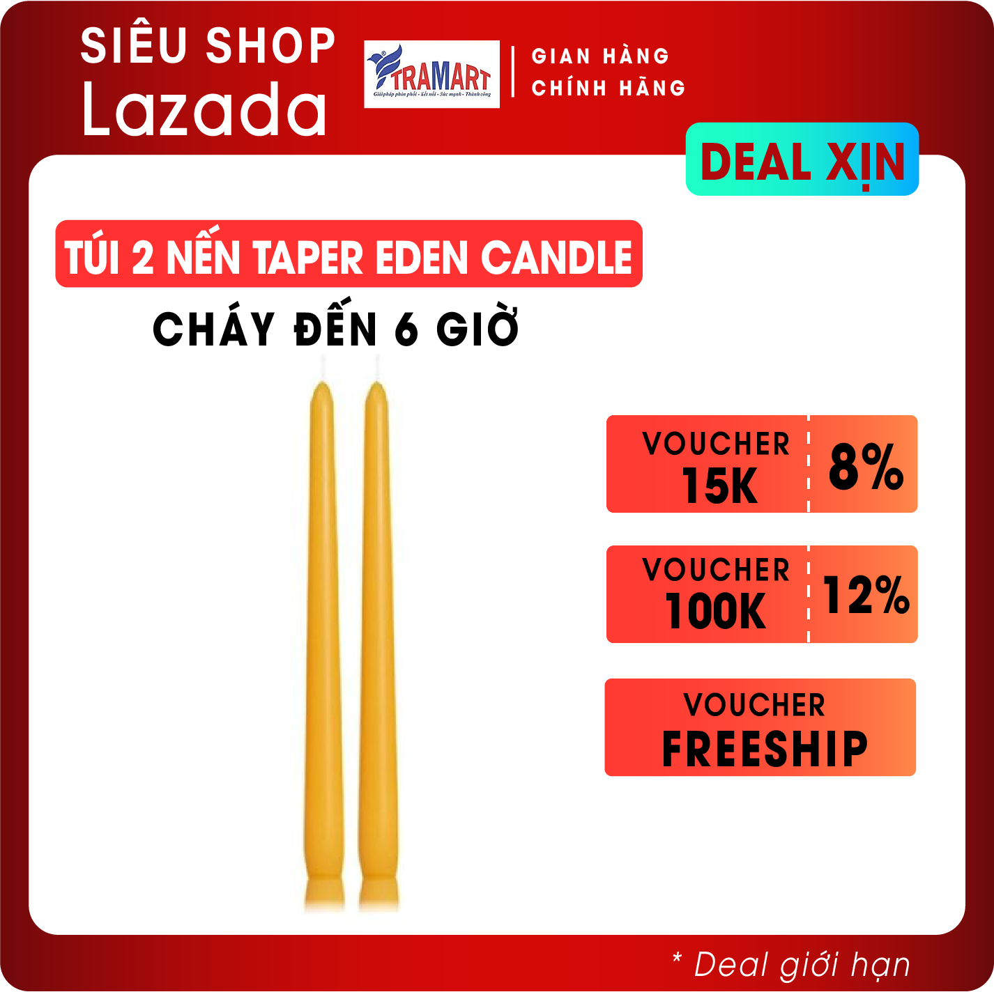 Nến thơm, Túi 2 nến taper Eden Candle FTRAMART EDC2300 cao 25cm (Cam), phù hợp tất cả các chân nến theo tiêu chuẩn nến taper