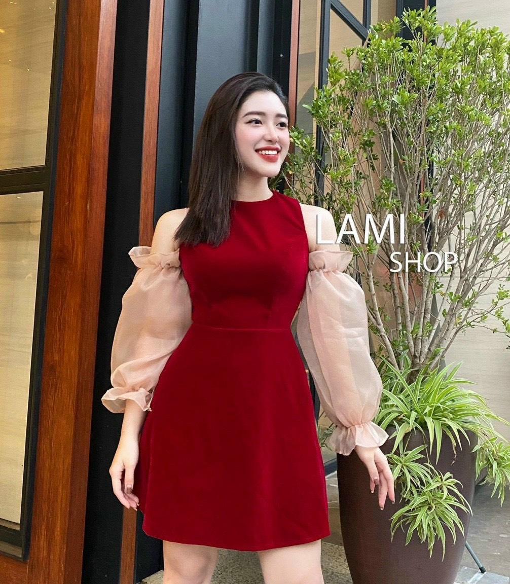 Váy đầm nữ đầm trễ vai tay dài dáng xòe sang chảnh