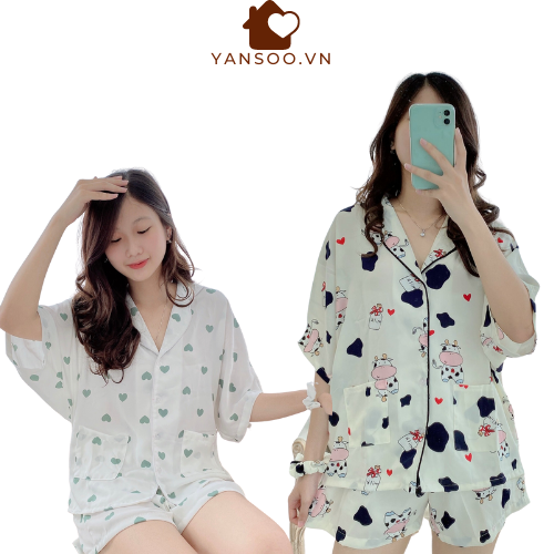 Bộ ngủ nữ lụa cộc hoạ tiết đáng yêu ,Bộ pijama cao cấp mặc nhà Hàn Quốc YANSOO