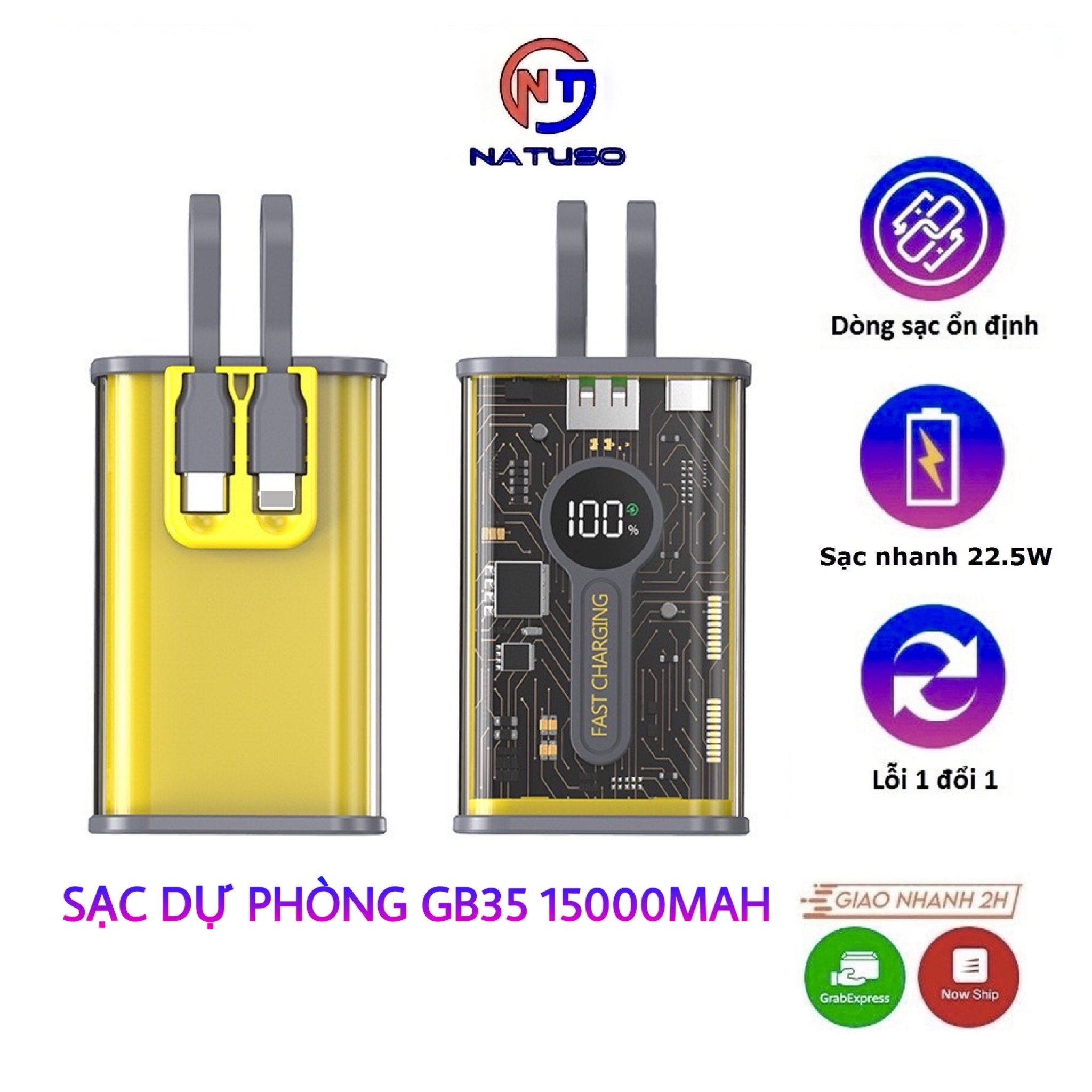 Sạc dự phòng GB35 sạc nhanh 22,5w Pin 15000mah vỏ trong suốt tích hợp cáp sạc iphone Type-C