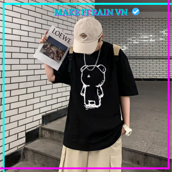 Áo thun tay lỡ unisex hình gấu make it rain vn, áo phông nam nữ form rộng, có hình ảnh video thật a67