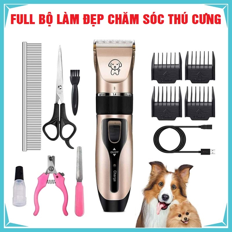 Tông đơ cắt lông chó mèo PET grooming hair clipper Kit- Máy cắt tỉa lông chó, lược,kéo,chăm sóc móng thú cưng sạc pin- Bảo hành 6 tháng