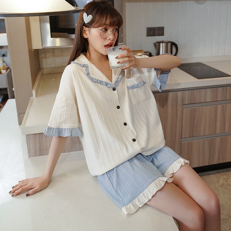 Bộ ngủ ngắn mùa hè cho nữ chất đũi gân - đồ ngủ cho nữ - set bộ đi chơi - bộ đồ ngủ ngắn tay