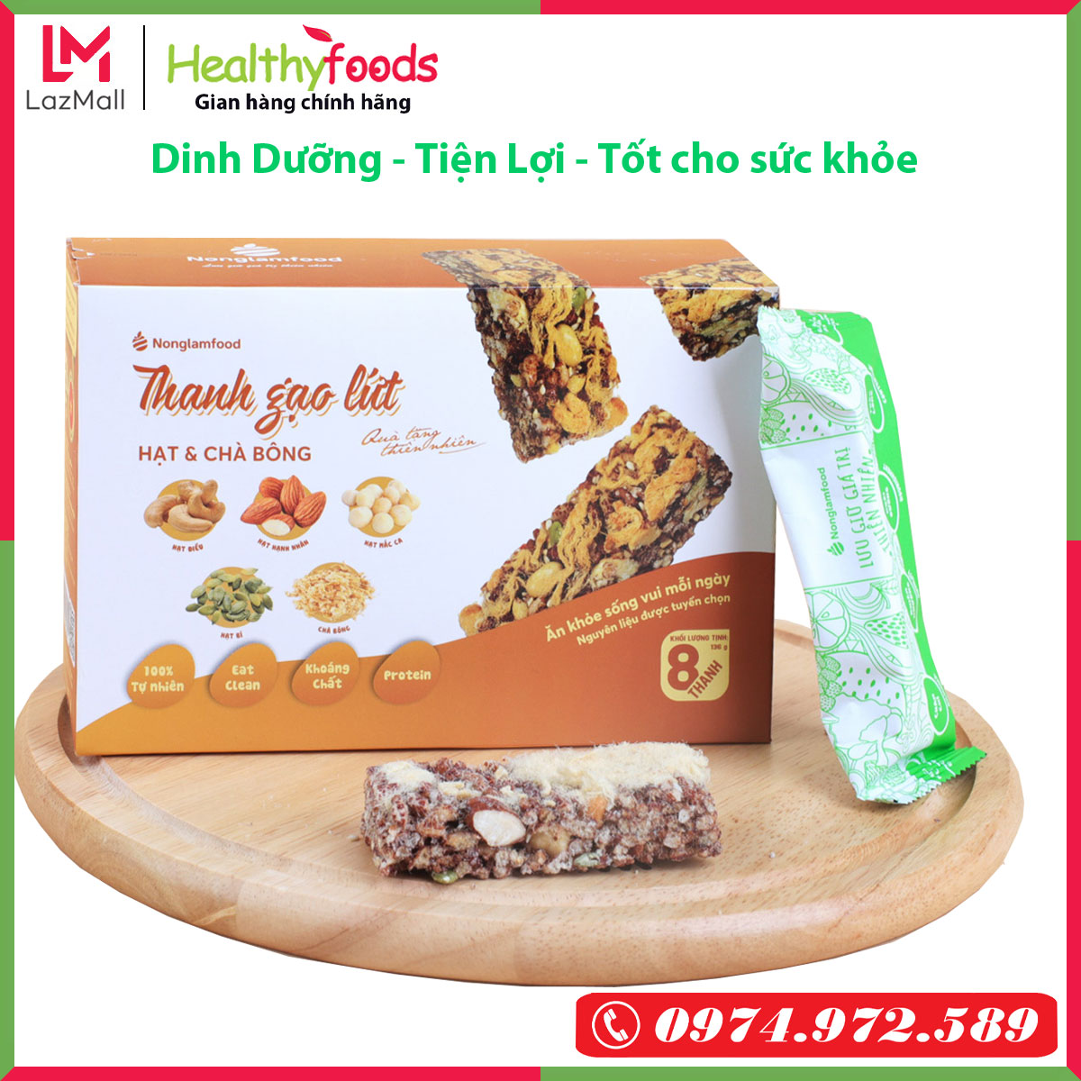 Thanh gạo lứt hạt ngũ cốc ăn kiêng 4 vị chà bông/ rong biển/ dừa giòn/ trái cây Nong Lam Food hộp 8 thanh 136gr  dinh dưỡng tiện lợi cung cấp đầy đủ năng lượng hỗ trợ giảm cân hiệu quả- HEALTHYFOODS STORE