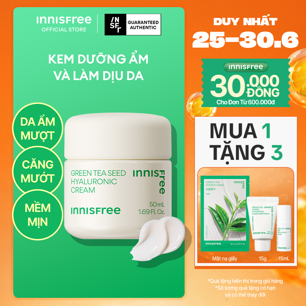 Kem dưỡng cung cấp ẩm từ trà xanh và dầu hạt trà xanh tươi INNISFREE Green Tea Seed Hyaluronic Cream