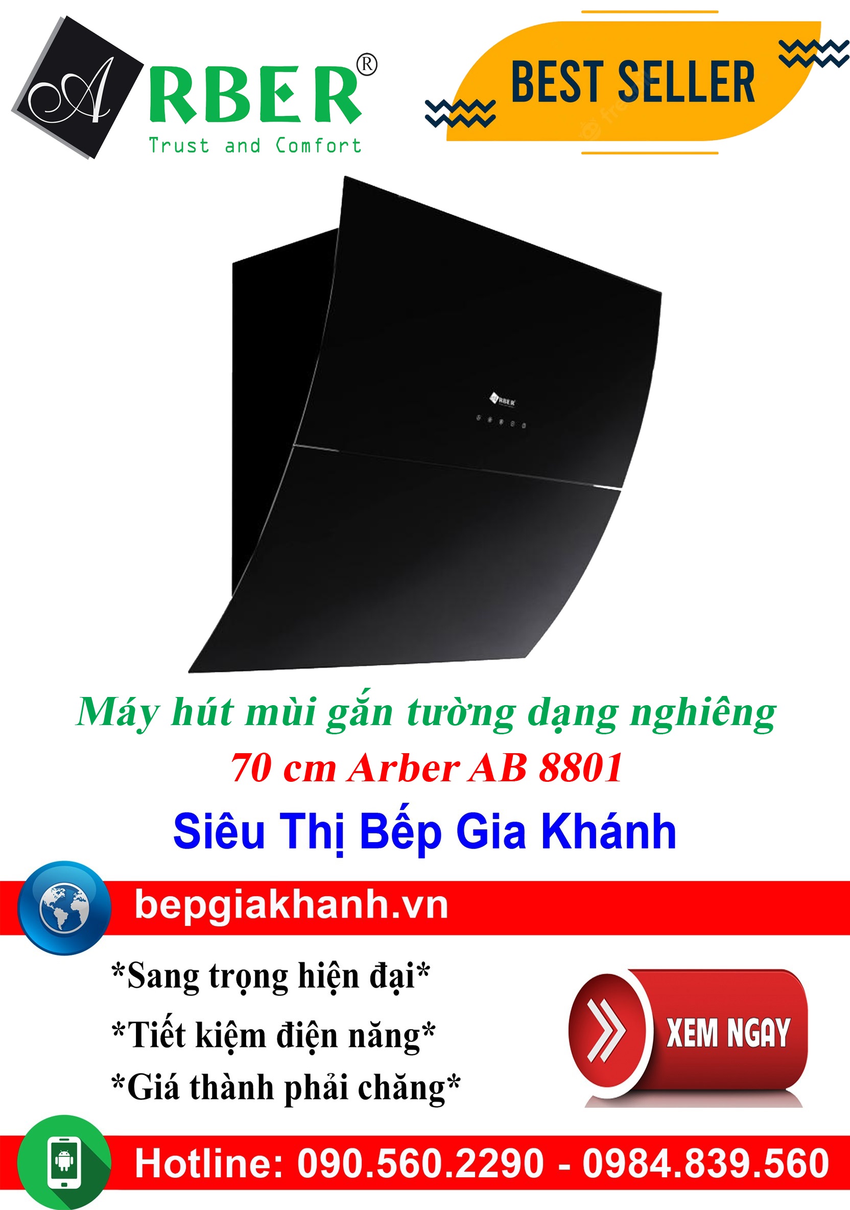 [HCM]Máy hút mùi dạng nghiêng 70cm Arber AB 8801, máy hút mùi nhà bếp, máy hút mùi bếp, máy hút mùi kính cong, máy hút mùi canzy, máy hút mùi mini, máy hút mùi âm trần, máy hút mùi electrolux, may hut mui