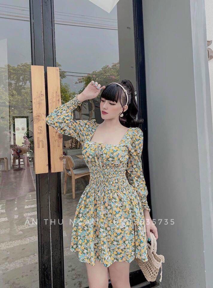 Đầm hoa cổ vuông tay dài nhún bụng ngọt ngào TTSA0954