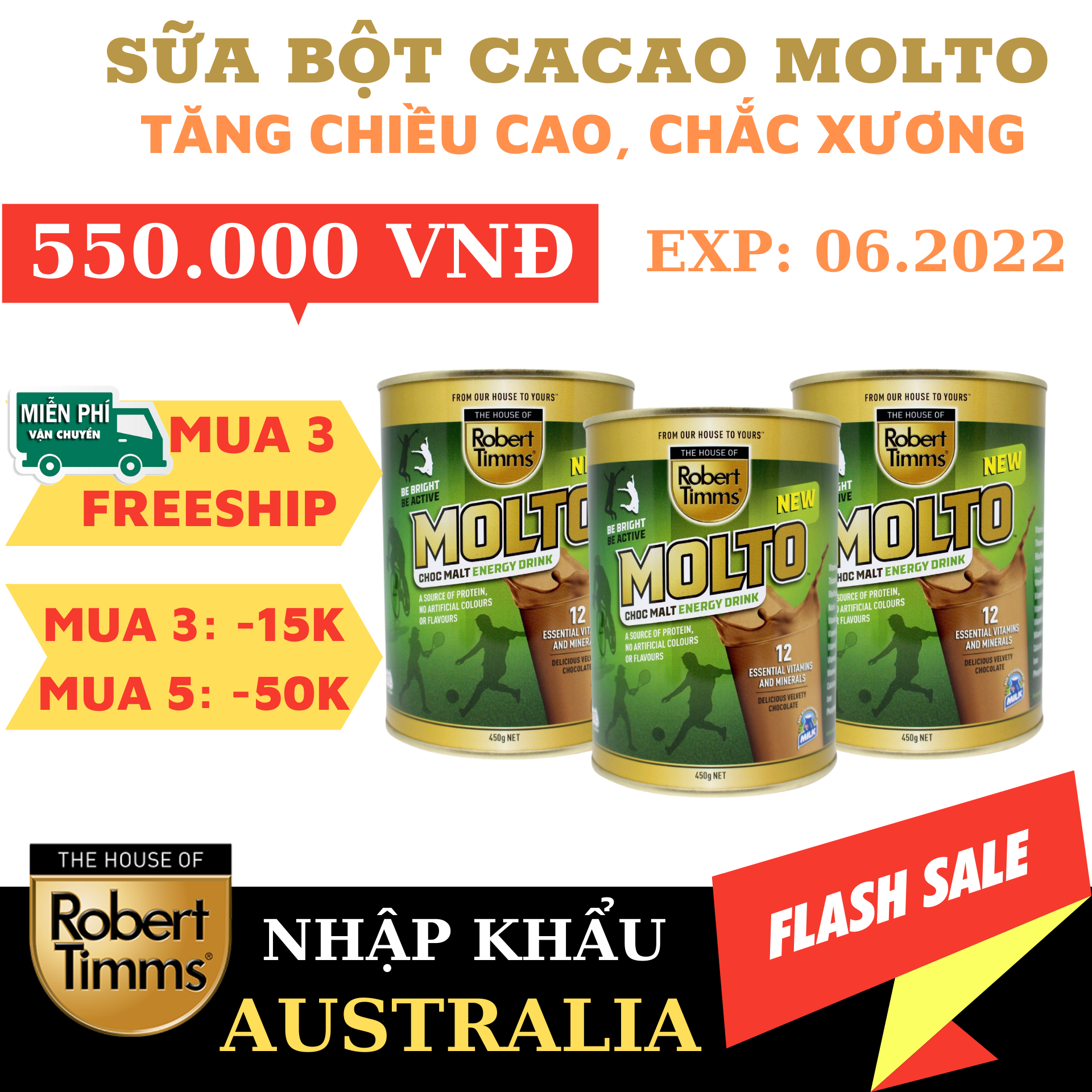 Sữa bột Canxi ca cao Robert Timms Molto Australia 450g giúp tăng trưởng chiều cao, bổ sung Canxi