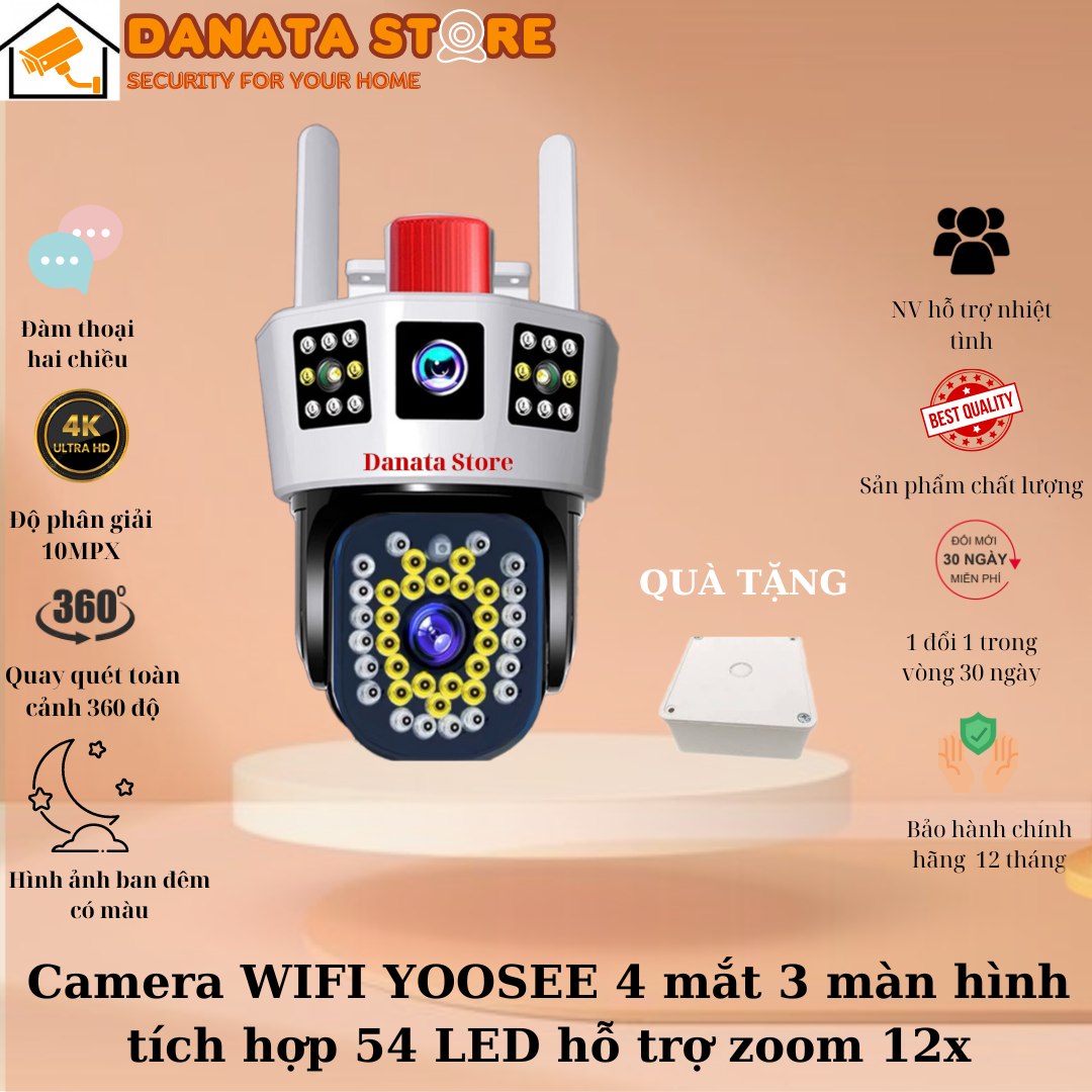 (Mẫu mới 2025) Camera WIFI YooSee 4 mắt 3 màn hình PTZ 12.0MPx - tích hợp 54 đèn LED hỗ trợ đàm thoại 2 chiều, cảnh báo chuyển động
