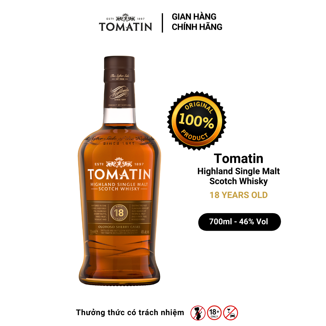 Rượu TOMATIN Highland Single Malt Scotch Whisky 18YO Nồng Độ Alc 46% 700ml [Có kèm hộp]