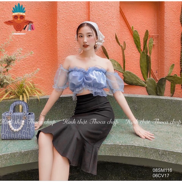 [HCM]áo bẹt vai croptop voan kiếng rút ngực kèm hình thật