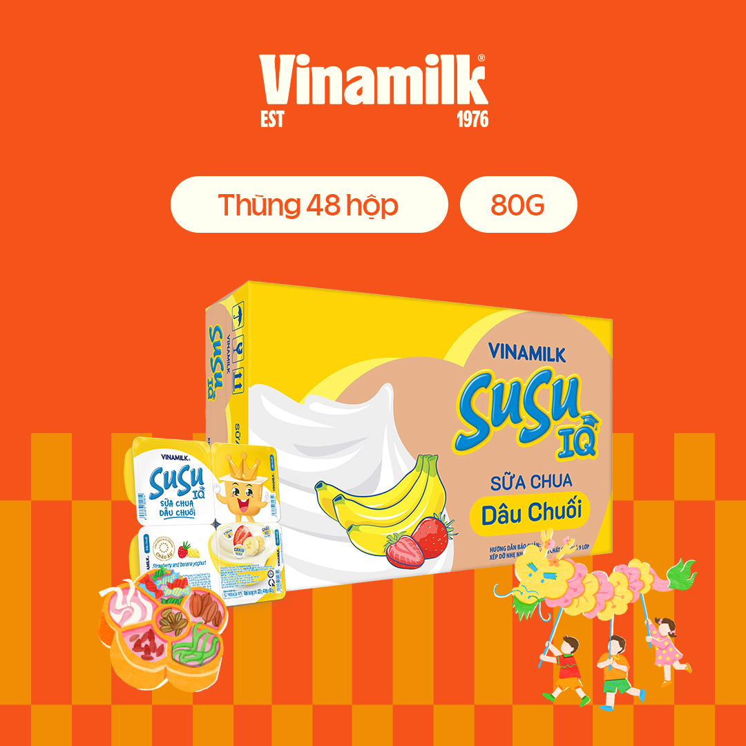 Thùng 48 hộp sữa chua ăn susu iq loại dâu chuối hộp x 80g