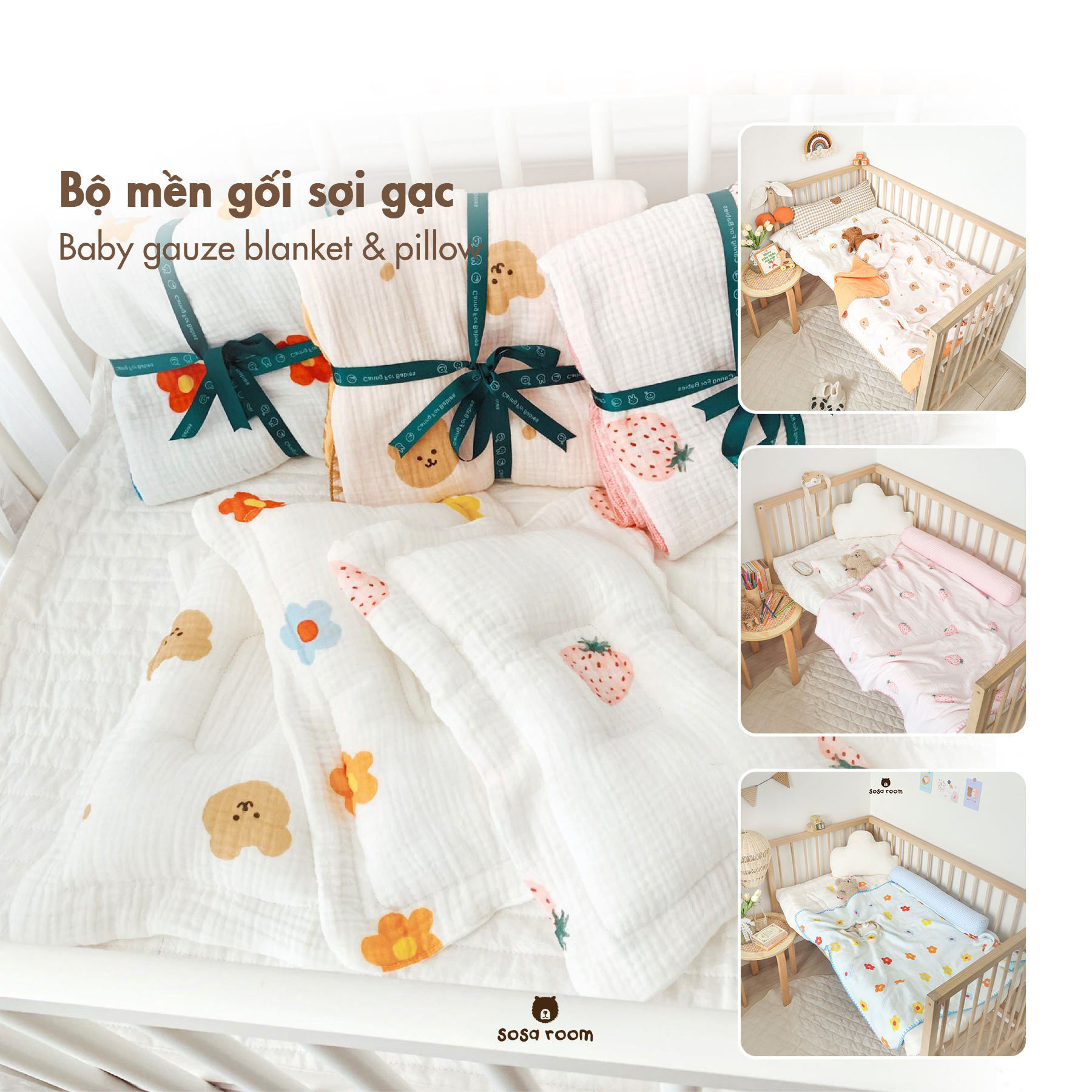 Bộ mền gối sợi gạc hữu cơ cho bé, mền 2 mặt 2 màu